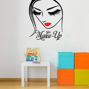 Beauty salon wall decal featuring minimalist female portrait with red lips and Make-Up text
