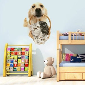 Sticker Mural 3D Simulation Chien Golden Retriever et Chatons Imperméable PVC Autocollant Décalcomanie Animal Chambre Enfant