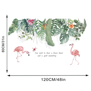 Detailed view of tropical leaf wall stickers with pink flamingos and size annotations