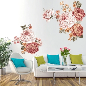 Pegatinas de pared de peonías retro pintadas a mano para sala de estar y dormitorio