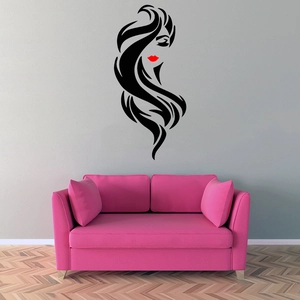 Modern beauty salon vinyl wall sticker featuring female silhouette with red lips on grey wall