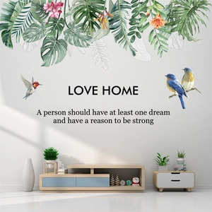 Tropical green leaves and birds wall stickers set with Love Home quote for living room