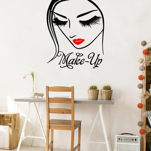 Beauty salon vinyl wall sticker with woman face silhouette, red lips and Make-Up art text