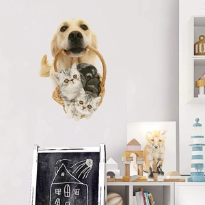 Sticker mural 3D Golden Retriever et chatons pour décoration de salon et chambre