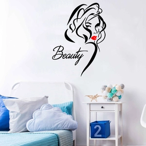 Minimalist vinyl wall sticker with female silhouette and red lips for beauty salon decor