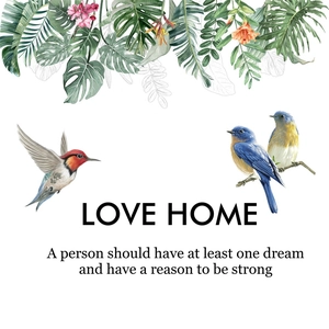 Nordic tropical leaves and birds wall sticker featuring LOVE HOME English quote