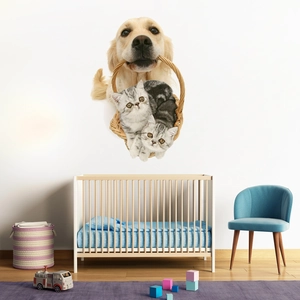 Sticker mural 3D autocollant avec golden retriever et chatons pour chambre d'enfant
