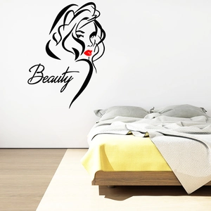 Detailed wall decal featuring a black profile silhouette with red lips and Beauty text