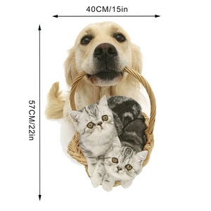 Détail du sticker mural 3D chat et chien avec dimensions 40x57cm sur fond blanc pur