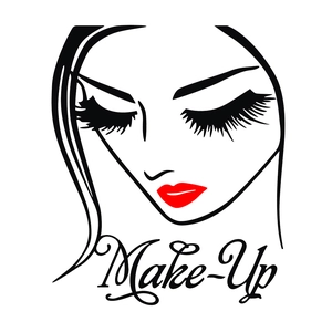 Minimalist red lips and long eyelashes vinyl wall sticker for salon decoration with Make-Up text