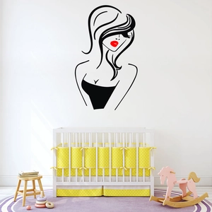 Modern female silhouette wall sticker with red lips on a white living room wall