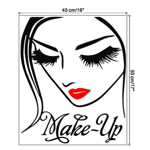 Macro detail of beauty wall sticker showing red lips and lashes with Make-Up text