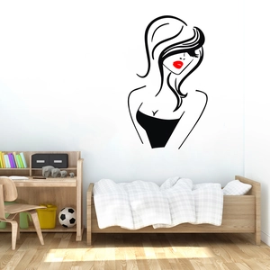Minimalist red lips woman portrait vinyl wall decal for modern beauty salon decor