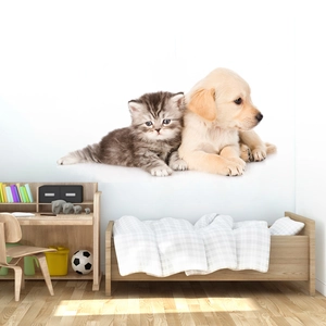 3D self-adhesive wall sticker featuring a cute golden puppy and gray kitten for kids room