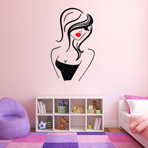 Modern vinyl wall decal of minimalist female silhouette with red lips for salon decor