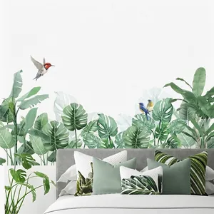 Nordische Tropische Grüne Pflanzen Wandaufkleber Monstera Bananenblätter Vögel Motivationszitate PVC Wasserdichte Deko Für Wohnzimmer Schlafzimmer