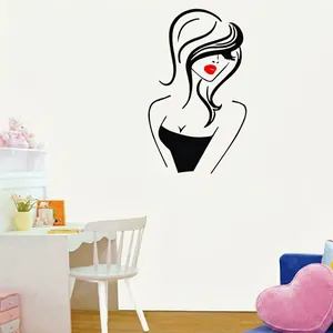 Minimalist vinyl wall decal featuring a woman's profile with red lips for salon decor