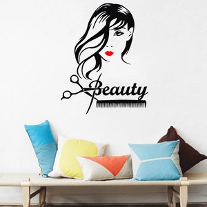 Detailed vinyl wall sticker featuring red lips and beauty salon tools on white wall