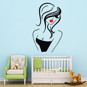 Detailed vinyl wall decal showing black line art silhouette with bold red lips on a wall