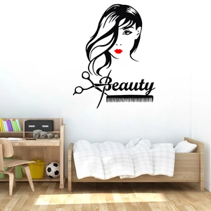 Beauty salon wall decal with minimalist woman face red lips and hair salon tools
