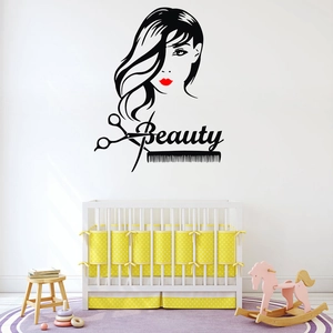 Beauty salon wall decal featuring woman silhouette with red lips and scissors vinyl sticker
