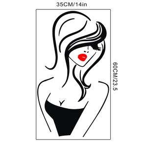 Detailed dimension view of beauty salon wall sticker featuring red lips woman wall art decor