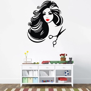Beauty salon wall sticker featuring a woman silhouette with scissors and red lips