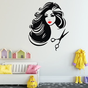 Beauty salon wall decal featuring woman silhouette with red lips and hair scissors