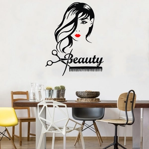 Detail of red lips beauty wall sticker with scissors and comb for hair salon decor