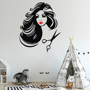 Detail of salon wall decal with hair stylist silhouette and red lips in minimalist room
