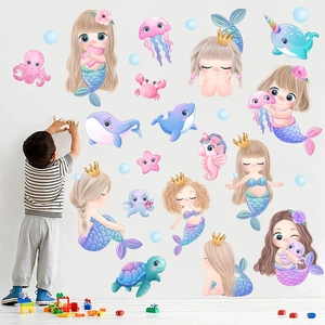 Stickers Muraux Sirène Animaux Océan Pour Décoration Chambre Enfant Chambre à Coucher Dessin Animé Tortue Dauphin Méduse PVC