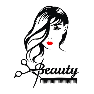 Beauty salon wall decal with woman portrait scissors comb and red lips vinyl sticker