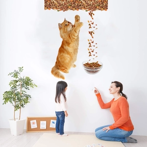 3D realistic jumping orange cat wall sticker with food bowl for home living room decor