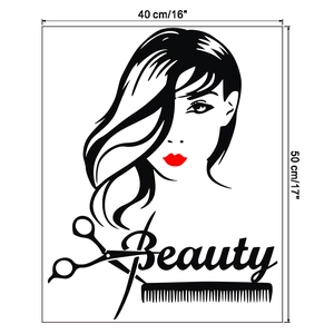 Detail of salon wall decal showing 40x50cm dimensions with scissors and comb design