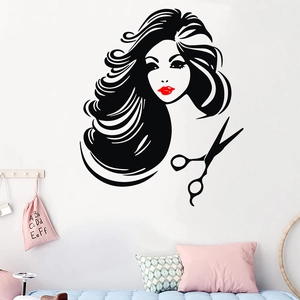 Minimalist vinyl wall decal featuring a female profile with red lips and salon scissors