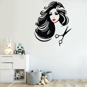 Detailed vinyl wall sticker featuring a woman silhouette with red lips and salon scissors