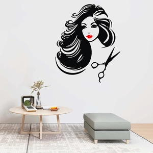 Beauty salon wall decal featuring a long-haired woman profile with scissors and red lips