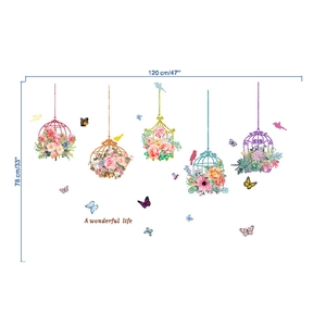 Self-adhesive wall decal with floral birdcages and butterflies, sized 120cm x 78cm