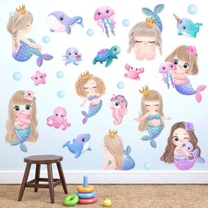 Stickers muraux sirène et animaux marins avec baleine et méduses pour chambre d'enfant