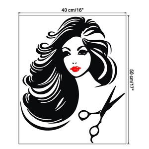 Detail view of vinyl wall sticker showing a woman silhouette with red lips and scissors
