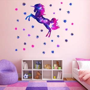 Glow in the dark unicorn and star wall stickers with purple nebula texture for kids room