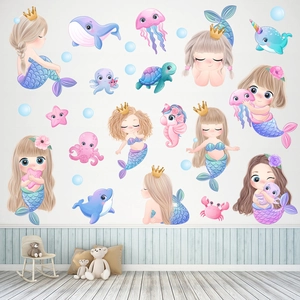 Stickers muraux sirène et animaux marins aux couleurs macaron pour chambre d'enfant