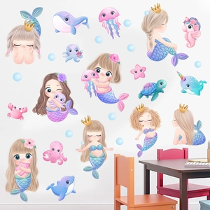 Stickers muraux sirène et créatures marines pour chambre d'enfant aux tons rose doux