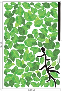 Detail layout of green leaf wall stickers with 90x60cm dimensions for home decor