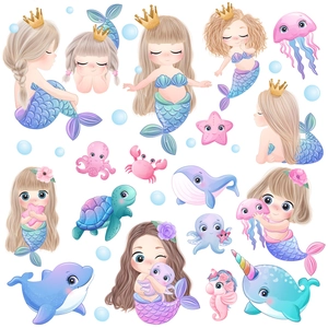 Stickers muraux aquarelle vie marine avec sirènes et animaux marins pour enfants