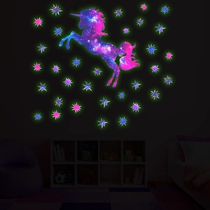 Luminous unicorn and stars wall stickers set with glowing effect for kids bedroom decor