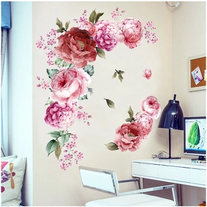 Vinilo decorativo de peonías en acuarela con flores rosas para decoración de salones