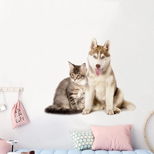 Husky dog and fluffy cat wall stickers for cozy kids bedroom or living room decoration