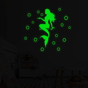 Luminous mermaid and bubbles wall stickers for kids room with glowing green PVC decals