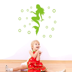 Luminous mermaid wall stickers with bubbles for kids room wall decor in green finish